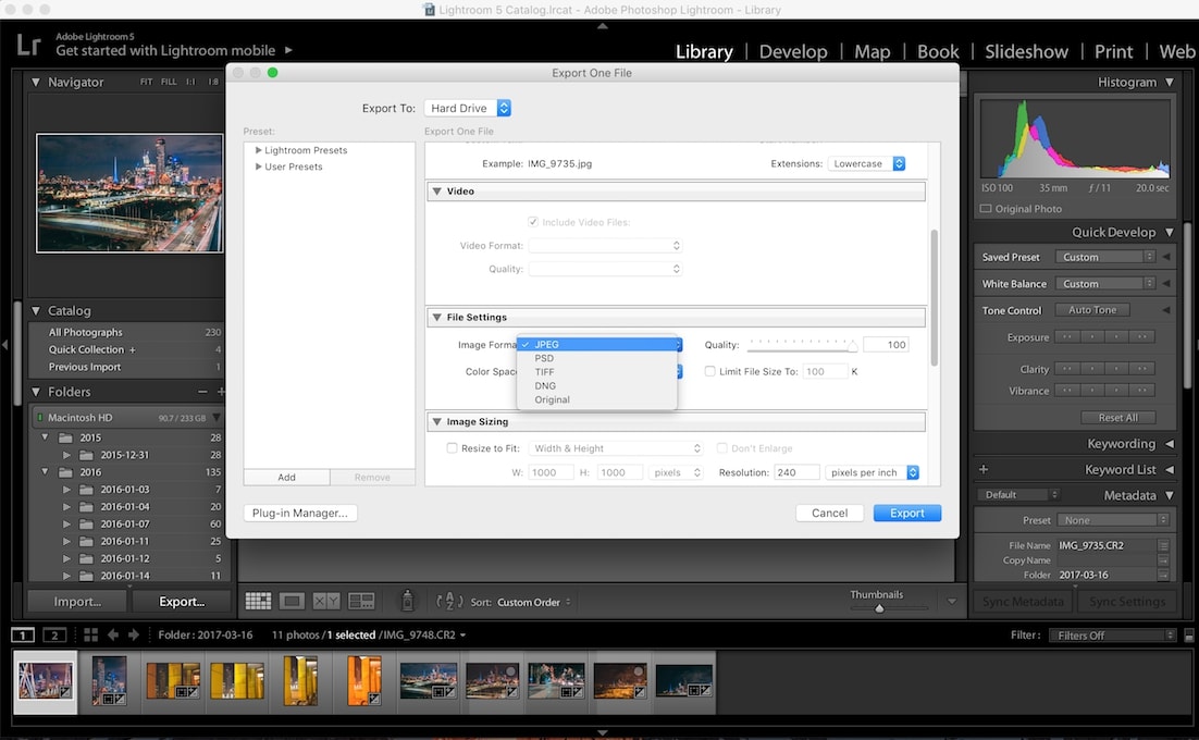 Select desired settings, name and file destination Select desired settings, name and file destination